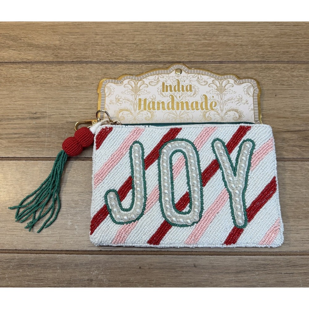 Christmas Beaded Joy Pouch Handmade India Holiday Clutch Bag NWT